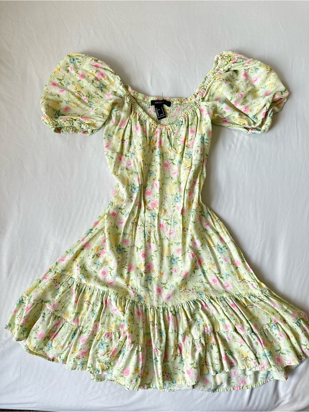 Forever 21 Light Yellow Floral Puff-Sleeve Kids Dress